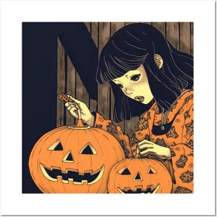 Halloween Girl looking at Pumpkin Posters and Art